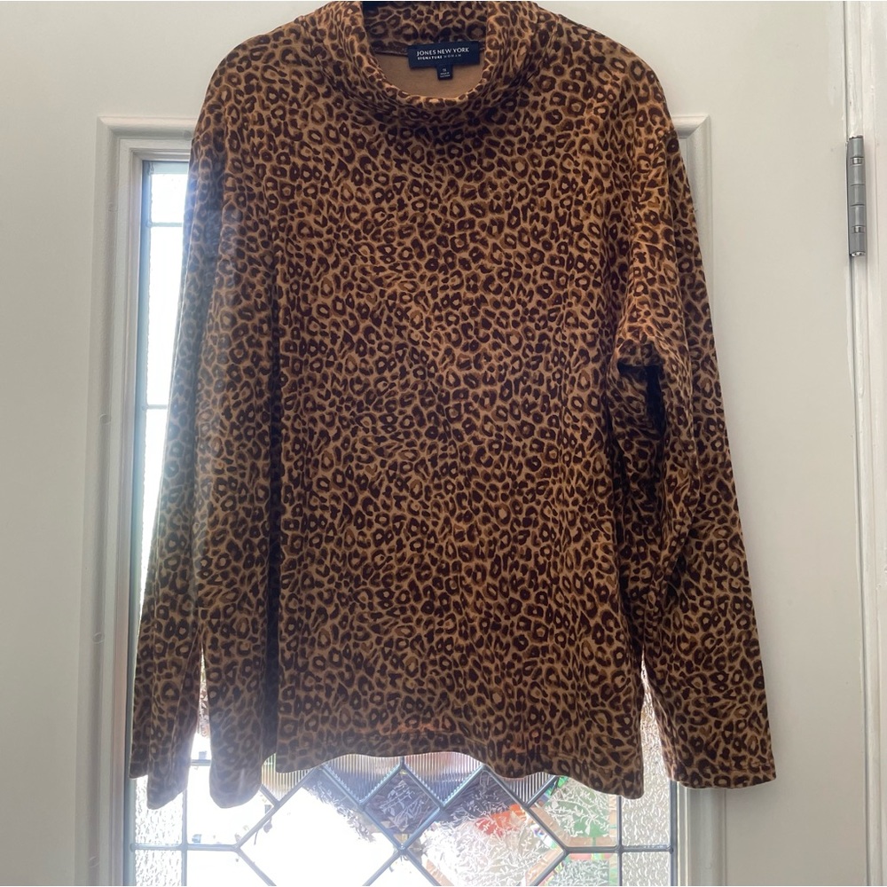 Like New Jones New York Soft Knit Brown Animal Print Turtleneck Sweater 1X